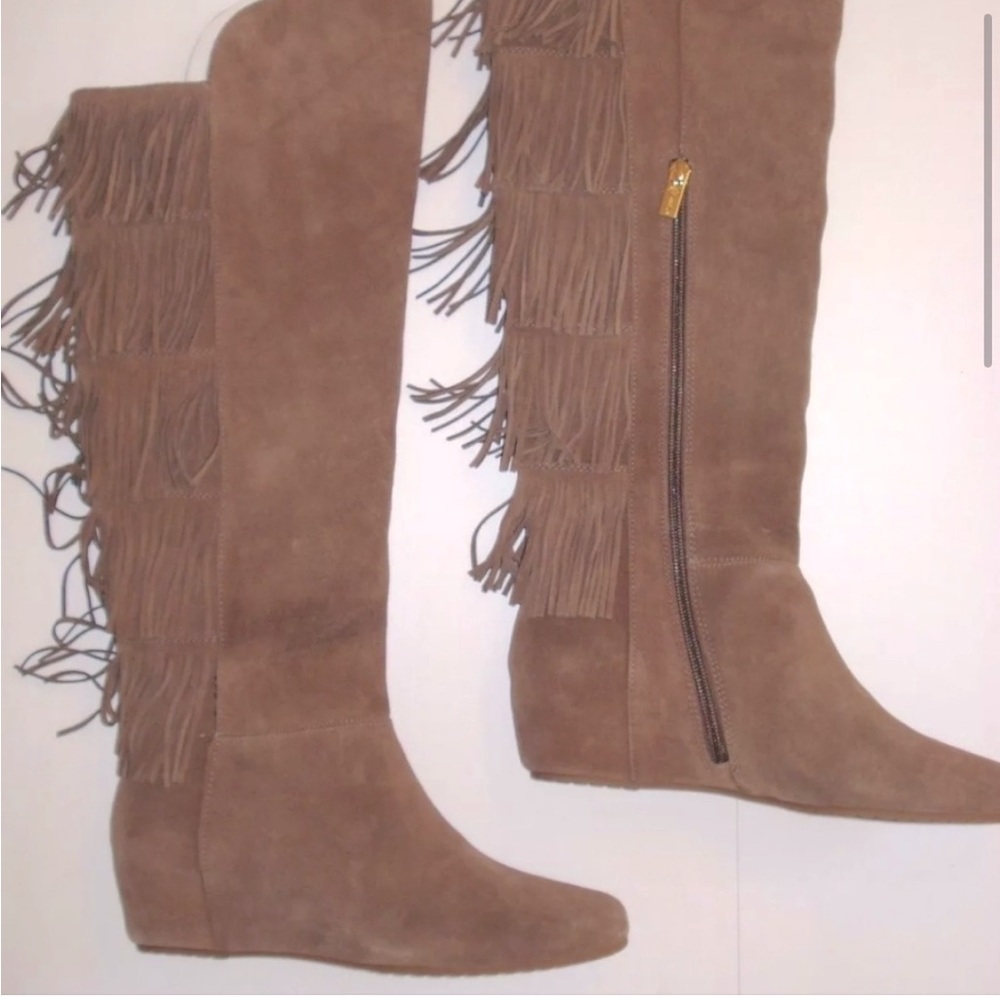 Isola Tavora Havana Brown Fringe Suede Leather Knee High Boots , New with tags